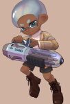  1boy ballpoint_splatling_(splatoon) boots brown_background brown_footwear closed_mouth commentary_request cross-laced_footwear dark-skinned_male dark_skin eyebrow_cut full_body glasses grey_eyes grey_hair grey_shorts gun highres holding holding_gun holding_weapon looking_at_viewer male_focus nastar_r0 octoling octoling_boy octoling_player_character plaid plaid_shirt shirt short_hair shorts simple_background smile solo splatoon_(series) splatoon_3 thick_eyebrows very_dark_skin weapon 