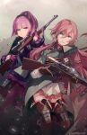  2girls arched_bangs blue_eyes bolt_action boots braid brown_gloves carcano carcano_m1891_(girls&#039;_frontline) carcano_m91/38_(girls&#039;_frontline) closed_mouth girls&#039;_frontline gloves green_eyes gun highres holding holding_gun holding_weapon long_hair mineta_naoki multiple_girls pink_hair purple_gloves purple_hair rifle scope weapon 