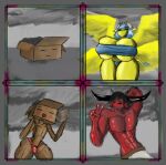 angel animate_inanimate anthro blush brown_body cardboard clothing demon female flirting girly grey_background group hi_res humanoid lutha male meme mouthless muscular red_body selendis_(lutha) simple_background thong trio underwear yellow_body