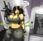  ! ?! amber_steel anthro big_breasts breasts cleavage clothed clothing ear_piercing english_text equid equine female fingerless_gloves gloves gun handwear hi_res horn mammal metalfoxxx mp5 mp5k navel piercing ranged_weapon rumbling_stomach silhouette submachine_gun text thong_straps unicorn weapon wide_hips 