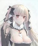  1girl absurdres azur_lane between_breasts black_nails black_ribbon breasts cleavage closed_mouth commentary_request formidable_(azur_lane) grey_hair hair_ribbon highres kuooooaiq large_breasts long_hair looking_at_viewer nail_polish red_eyes ribbon solo twintails two-tone_ribbon upper_body white_ribbon 