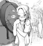  1boy 1girl arm_hair arm_hug backpack bag bare_shoulders blush child closed_mouth couple embarrassed greyscale haguhagu_(rinjuu_circus) hair_bun height_difference highres monochrome original sasha_(haguhagu) shirt short_sleeves size_difference tears 