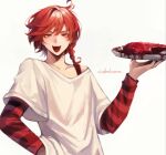  1boy blood braid censored collarbone drek2xme fake_censor fang food hand_in_pocket hashtag_only_commentary holding holding_plate looking_at_viewer maeno_aki male_focus meat off-shoulder_shirt off_shoulder open_mouth plate red_eyes red_hair red_sleeves shirt short_hair simple_background single_braid skin_fang smile solo striped_sleeves twitter_username watermark white_background white_shirt wide_sleeves zeno_(game) 