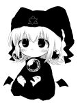  1girl absurdres black_eyes blush cropped_torso detached_wings earrings expressionless greyscale hat highres jester_cap jewelry kennin5 long_sleeves mayura mini_wings monochrome pentagram short_hair solo ukagaka wings 