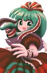  arm_ribbon bow dress frilled_bow frilled_ribbon frills front_ponytail green_eyes green_hair hair_bow hair_ribbon highres kagiyama_hina kondeihakusyu looking_at_viewer open_mouth puffy_short_sleeves puffy_sleeves red_bow red_dress red_ribbon ribbon short_sleeves simple_background smile touhou white_background 