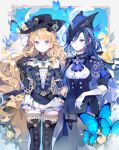  2girls absurdres ascot bare_shoulders black_bow black_collar black_corset black_dress black_flower black_gloves black_headwear black_rose black_thighhighs blonde_hair blue_ascot blue_bow blue_bowtie blue_butterfly blue_cape blue_eyes blue_flower blue_gemstone blue_hair blue_headwear blue_rose bow bowtie brooch bug butterfly cape clorinde_(genshin_impact) closed_mouth collar commentary_request corset dark_blue_hair dress drill_hair epaulettes flower fold-over_gloves framed_breasts gem genshin_impact gloves grey_pantyhose hand_on_own_shoulder hand_up hat hat_bow hat_feather hat_flower highres jewelry long_hair looking_at_viewer multiple_girls nanaco_(nana11jellyfish) navia_(genshin_impact) open_mouth pantyhose pearl_(gemstone) purple_eyes rose skirt smile strapless strapless_dress thighhighs tricorne two-tone_headwear very_long_hair white_gloves white_skirt yellow_flower 