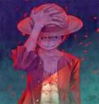  1boy aco_peda blue_background frilled_sleeves frills hand_on_headwear hat looking_at_viewer male_focus monkey_d._luffy one_piece red_shirt scar scar_on_face shirt short_hair signature smile solo straw_hat upper_body 