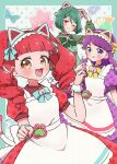  3girls :d akagi_anna animal_ear_hairband animal_ears apron arm_up blue_ribbon blunt_bangs cat_ear_hairband cat_ears cat_tail chii_(chi_pppuri) closed_mouth collared_dress cowboy_shot dress fake_animal_ears green_dress green_hair green_ribbon hairband hands_up highres kiratto_pri_chan lock long_hair looking_at_viewer midorikawa_sara multiple_girls one_eye_closed open_mouth paw_pose pink_eyes pretty_series puffy_short_sleeves puffy_sleeves purple_dress purple_eyes purple_hair red_dress red_hair ribbon shido_mel short_hair short_sleeves smile standing tail tongue tongue_out twintails very_long_hair white_apron wrist_cuffs yellow_eyes yellow_ribbon 