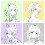  1boy 3girls absurdres animal_ear_fluff animal_ears arknights ascot bare_shoulders belt belt_collar border braid cat_ears cat_girl ch&#039;en_(arknights) chinese_commentary closed_mouth collar collarbone commentary_request dragon_girl dragon_horns epaulettes expressionless green_background grey_background greyscale_with_colored_background hair_intakes halterneck highres horns kal&#039;tsit_(arknights) liusuantong777_(tung_sulfate) long_hair looking_at_viewer multiple_girls off_shoulder parted_lips portrait purple_background short_hair simple_background slit_pupils stethoscope talulah_(arknights) thorns_(arknights) turning_head white_border yellow_background yellow_eyes 