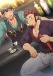  2boys alternate_costume arash_(fate) bar_(place) bara bartender blue_eyes blush bottle brown_hair bukge fate/grand_order fate_(series) feet_out_of_frame kakenari large_pectorals long_sideburns looking_at_viewer male_focus multiple_boys muscular muscular_male napoleon_bonaparte_(fate) necktie one_eye_closed pants pectoral_cleavage pectorals short_hair sideburns smile undone_necktie wine_bottle 