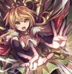  1girl black_gloves blonde_hair breasts cape cleavage collar commission dress duel_monster elbow_gloves floating_hair fur-trimmed_cape fur_trim gloves green_eyes hair_between_eyes hands_up highres long_hair open_mouth pantyhose pushing revision ritual_beast_ulti-apelio shouma_(bravespiritya) skeb_commission solo spiked_collar spikes wind yu-gi-oh! 