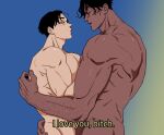  2boys bad_id bad_twitter_id balnom bara couple cowboy_shot dark-skinned_male dark_skin english_text eye_contact foreplay from_side interracial looking_at_another male_focus multiple_boys muscular muscular_male original profile short_hair subtitled thick_eyebrows yaoi 