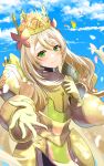  1girl absurdres armor blonde_hair blue_sky celine_(fire_emblem) cloud commentary_request crown day fire_emblem fire_emblem_engage green_eyes highres long_hair mu_tu_bu reaching reaching_towards_viewer sky solo very_long_hair 