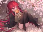  1girl :3 blush bow bowtie bread cherry_blossoms eating food highres holding holding_food jacket jacket_on_shoulders knees_up loafers long_hair long_sleeves maccha_(udva5383) melon_bread petals red_eyes red_hair school_uniform shakugan_no_shana shana shoes sitting solo thighhighs very_long_hair 