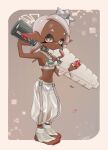  1girl agent_8_(splatoon) agent_8_(splatoon)_(cosplay) bare_shoulders between_fingers border breasts choker closed_mouth colored_eyelashes cosplay crop_top dark-skinned_female dark_skin dot_nose earrings fangs frye_(splatoon) full_body gradient_hair grey_choker grey_hair half-closed_eyes harem_pants highres holding holding_weapon jewelry midriff multicolored_hair outside_border pants pointy_ears puchiman shirt sideboob sideless_shirt signature small_breasts socks solo splatana_stamper_(splatoon) splatoon_(series) splatoon_3 splatoon_3:_side_order star-shaped_pupils star_(symbol) symbol-shaped_pupils tentacle_hair two-tone_hair weapon white_border white_pants white_shirt yellow_eyes 