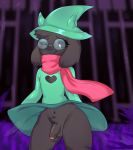  anthro balls black_body black_fur bodily_fluids bottomless bovid caprine clothed clothing deltarune eyewear foreskin fur genitals geyn girly glasses goat green_eyes hat headgear headwear hi_res humanoid_genitalia humanoid_penis looking_down male mammal one_eye_closed partially_clothed penis ralsei scarf smile solo standing sweat thick_thighs video_games wide_hips wink 