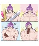  1boy abs armor blush charlotte_cracker evil_smile expressions gloves highres holding holding_sword holding_weapon looking_at_viewer male_focus muscular muscular_male nipples nude one_piece onstricted_pupils pauldrons pectorals purple_hair scar scar_across_eye shoulder_armor shy sideways_glance single_pauldron smile spiked_anklet sword thinking topknot tsurime upper_body weapon zm513 