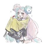  1girl :d blue_hair bow-shaped_hair film_grain iono_(pokemon) light_blue_hair long_hair long_sleeves magnemite multicolored_eyes multicolored_hair open_mouth pink_hair poke_ball poke_ball_(basic) pokemon pokemon_sv purple_eyes sharp_teeth simple_background sleeves_past_fingers sleeves_past_wrists smile solo split-color_hair teeth thenintlichen96 two-tone_hair very_long_hair white_background yellow_eyes 