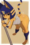 2024 5_fingers a_name_for_me animal_crossing ankha_(animal_crossing) anthro bent_over big_butt blue_hair breasts butt chest_wraps domestic_cat egyptian_headdress felid feline felis female fingers frown hair hi_res looking_at_viewer mammal markings nintendo short_hair small_breasts solo striped_markings striped_tail stripes tail tail_markings thick_thighs wide_hips wraps