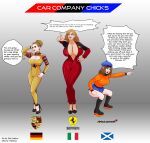 becsantus big_breasts boots bottomwear breasts brown_hair cleavage clothed clothing female ferrari footwear germany group hair hat headgear headwear hi_res high_heels human italy light_body light_skin logo logo_on_clothing mammal mclaren miniskirt not_furry parody porsche profanity racing_suit satire scotland skirt speech_bubble sweater tan_body tan_skin topwear trio wide_hips