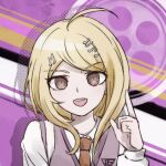 1girl :d ahoge akamatsu_kaede blonde_hair brown_eyes chinese_commentary collared_shirt commentary_request danganronpa_(series) danganronpa_v3:_killing_harmony erwuyishi35850 hair_ornament halftone hand_up index_finger_raised long_hair long_sleeves looking_at_viewer musical_note musical_note_hair_ornament necktie open_mouth orange_necktie pink_vest round_teeth shirt smile solo teeth upper_body upper_teeth_only vest white_shirt 