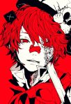  1boy 3kuma animal_hat bandaid bandaid_on_nose cane cat_hat coat empty_eyes facial_scar flag fukase hat highres male_focus parted_lips red_background red_eyes red_hair red_neckwear scar vocaloid white_coat x 