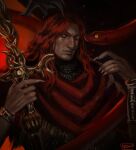  1boy absurdres armor chainmail dated elden_ring elden_ring:_shadow_of_the_erdtree embers highres holding holding_polearm holding_weapon long_hair looking_at_viewer messmer_the_impaler one_eye_closed ornate ornate_armor ornate_weapon polearm red_hair red_robe red_snake robe single_bracelet single_vambrace slit_pupils snake snake_on_shoulder solo vambraces weapon yellow_eyes yen_(yenyenyen19) 
