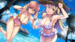  2girls akemiho_tabi_nikki bangs bikini blunt_bangs breasts brown_eyes brown_hair cleavage collarbone day double_v eyebrows_visible_through_hair frilled_bikini frills glasses highres kouno_hikaru large_breasts long_hair looking_at_viewer multiple_girls navel open_mouth oribe_shiori palm_tree parted_bangs rimless_eyewear short_hair smile swimsuit tree v water 