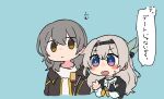  2girls :o black_hairband black_jacket blue_background blue_eyes blue_pupils blush_stickers bow bridal_gauntlets collared_shirt cropped_torso fang firefly_(honkai:_star_rail) green_bow grey_hair hair_between_eyes hair_bow hair_intakes hairband honkai:_star_rail honkai_(series) jacket long_hair looking_at_another multiple_girls neckerchief off-shoulder_jacket off_shoulder open_clothes open_jacket open_mouth orange_neckerchief pink_eyes shirt shiruinu sidelocks sideways_glance simple_background skin_fang stelle_(honkai:_star_rail) straight_hair sweatdrop trailblazer_(honkai:_star_rail) translated two-tone_eyes white_shirt 