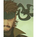  1boy beard brown_hair facial_hair frown full_beard headband high_collar liyamou looking_at_viewer male_focus mature_male metal_gear_(series) portrait serious short_hair solid_snake solo thick_mustache tsurime upper_body wrinkled_skin 
