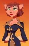  anthro billboi breasts captain_amelia cleavage clothed clothing disney domestic_cat eyebrows felid feline felis female gradient_background green_eyes hands_behind_back lipstick makeup mammal military_uniform raised_eyebrow simple_background solo treasure_planet uniform 