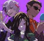  1girl 2boys black_hair black_jacket blush bow bowtie braid closed_mouth collared_shirt commentary_request cup dark_skin dark_skinned_male elf from_side fuwa_minato glasses green_sweater gwelu_os_gar hair_ornament hairclip hand_on_own_chin highres holding holding_cup jacket long_hair looking_at_viewer messy_hair multicolored_hair multiple_boys namakawa nijisanji open_mouth orange_eyes pointy_ears purple_background red_hair ribbed_sweater shirayuki_tomoe shirt short_hair simple_background sketch smile streaked_hair sunglasses sweater turtleneck upper_body virtual_youtuber white_hair 