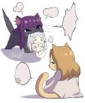  :3 =_= absurdres animal_focus animalization artist_name blank_speech_bubble blonde_hair blunt_bangs cat closed_mouth commentary fern_(sousou_no_frieren) frieren highres j_humbo long_hair methode_(sousou_no_frieren) no_humans parted_bangs purple_eyes purple_hair sidelocks signature simple_background sousou_no_frieren speech_bubble symbol-only_commentary twintails white_background white_hair 