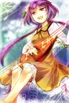  1girl barefoot biwa_lute commentary_request dress flower hair_flower hair_ornament instrument kutsuki_kai long_hair long_sleeves lute_(instrument) musical_note one-hour_drawing_challenge open_mouth purple_hair solo teeth touhou tsukumo_benben upper_teeth_only white_flower yellow_dress 