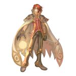  1boy 2000s_(style) black_footwear black_gloves black_pants brown_capelet brown_eyes cape capelet closed_mouth expressionless full_body gloves highres holding holding_staff long_bangs looking_to_the_side magic male_focus myung-jin_lee official_art pants ragnarok_online red_hair red_shirt shirt shoes simple_background solo staff standing tachi-e transparent_background white_cape wizard_(ragnarok_online) 