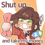  1girl blush_stickers bow brown_hair english_text green_eyes hair_bow hair_ornament holding holding_money jacket long_hair long_sleeves lowres meme money open_mouth orange_background outline red_jacket remosea rosa_(tears_of_themis) shirt shut_up_and_take_my_money_(meme) solo tears_of_themis two-tone_dress v-shaped_eyebrows white_background white_bow white_outline white_shirt 