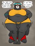  3:4 ailurid anthro belly big_breasts black_body black_fur bracelet breasts clothed clothing curvy_figure digital_media_(artwork) domestic_cat duo english_text eyes_closed felid feline felis female fur headgear headwear hi_res jewelry male mammal open_mouth orange_body orange_fur overweight overweight_anthro overweight_female oystercatcher7 panties red_panda simple_background size_difference smothering squeezing teeth text thick_thighs underwear voluptuous white_body white_fur wide_hips 