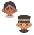  2boys chengongzi123 closed_mouth dark-skinned_male dark_skin deformed facial_hair goatee_stubble golden_kamuy green_eyes grey_eyes hat koito_otonoshin looking_at_viewer male_focus military_hat military_uniform multiple_boys portrait short_hair simple_background smile stubble tsukishima_hajime uniform very_short_hair white_background yellow_pupils 