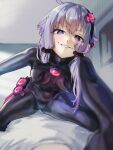  1girl asumo_arare blurry bodysuit breasts commentary_request covered_navel covered_nipples depth_of_field grin hair_ornament highres latex latex_bodysuit long_hair medium_breasts pov purple_eyes purple_hair reaching reaching_towards_viewer shiny_clothes skin_tight smile smug straddling voiceroid yuzuki_yukari 