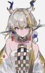 1girl aogisa arknights bare_shoulders blonde_hair blurry blush chinese_commentary closed_mouth collarbone commentary_request commission dragon_girl dragon_horns earrings eyes_visible_through_hair grey_eyes grey_hair grey_horns hair_between_eyes hair_intakes highres horns jacket jewelry long_hair looking_at_viewer mixed-language_commentary multicolored_hair necklace off_shoulder open_clothes open_jacket pointy_ears purple_hair purple_horns shu_(arknights) skeb_commission smile solo strapless tube_top upper_body white_background white_jacket white_tube_top yellow_horns 