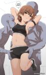  1girl 2boys absurdres arm_strap armpits arms_behind_head black_footwear black_sports_bra breasts brown_eyes brown_hair english_commentary english_text faceless faceless_male highres looking_at_viewer misaka_mikoto multiple_boys navel parted_lips short_hair simple_background sleepy_frippy small_breasts smelling_armpit socks speech_bubble sports_bra standing standing_on_one_leg sweat toaru_kagaku_no_railgun toaru_majutsu_no_index twitter_username white_socks 