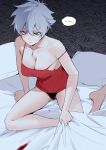  ... 1girl absurdres bare_legs barefoot bechu bed_sheet black_panties blood blood_on_body blood_stain breasts camisole cleavage collarbone devil_may_cry_(series) genderswap genderswap_(mtf) grey_hair highres looking_at_object medium_breasts menstruation nero_(devil_may_cry) panties pillow red_camisole short_hair sitting solo spoken_ellipsis strap_slip sweatdrop underwear underwear_only 