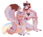  1boy abs all_fours animal_ears bara beard bulge facial_hair fox_boy fox_ears fox_tail full_beard full_body furry furry_male head_tilt highres large_pectorals looking_at_viewer male_focus mature_male muscular muscular_male nipples orange_fur original pectorals solo tail thick_beard thick_eyebrows thick_thighs thighs topless_male zong_wumi 