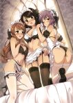  3girls alternate_costume apron asahina_mikuru ass backlighting bed bikini black_bikini black_footwear black_thighhighs bloom blush breasts brown_eyes brown_hair cleavage commentary_request dutch_angle frilled_bikini frills garter_straps high_heels highres hotaru_iori ichimi_renge indoors kneeling large_breasts long_hair looking_at_viewer maid_headdress medium_breasts mismatched_bikini mole mole_on_breast multiple_girls nagato_yuki navel nose_blush on_bed one_eye_closed open_mouth purple_hair short_hair suzumiya_haruhi suzumiya_haruhi_no_yuuutsu swimsuit thighhighs underboob waist_apron white_apron white_thighhighs window yellow_eyes 