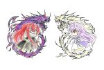  1boy 1girl angry battle brother_and_sister chibi corruption dress fire_emblem fire_emblem:_genealogy_of_the_holy_war highres julia_(fire_emblem) julius_(fire_emblem) long_hair purple_hair red_hair siblings siglud1225 simple_background wide_sleeves 