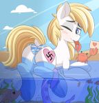  &lt;3 arthropod aryanne_(character) blonde_hair blue_eyes blush butt clothing crab crustacean cutie_mark decapoda fan_character fish hair hasbro hi_res kissing legwear malacostracan marine my_little_pony nignogs one_eye_closed panties sea stockings swastika tentacles underwear water 