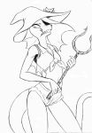  anthro black_and_white calamity_(chalchiotlique) chochi clothed clothing female flower hat headgear headwear helmeted_lizard hi_res lizard melee_weapon monochrome no_evil one_eye_obstructed plant reptile scalie solo teeth weapon 