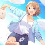  1girl :d bangs bare_legs barefoot blue_eyes blue_jacket blue_shorts blue_sky cloud collarbone eyebrows_visible_through_hair holding holding_shoes in_water jacket kicking light_blush light_brown_hair long_sleeves looking_at_viewer love_live! love_live!_sunshine!! naribee_(nton1263) open_clothes open_jacket open_mouth outdoors shirt shoes short_hair shorts sky smile solo splashing upper_teeth v-neck watanabe_you water white_shirt 