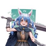  1girl absurdres animal_ear_fluff animal_ears belt blue_hair blue_ribbon brown_belt coat gauntlets hair_ribbon hand_up highres holding holding_sword holding_weapon hololive huge_weapon injury laughing long_hair looking_at_viewer multicolored_hair open_mouth orange_eyes rabbit_ears ribbon scar scratches seventeencrows short_eyebrows simple_background solo sword teeth tongue twintails two-tone_background two-tone_hair upper_body upper_teeth_only usada_pekora virtual_youtuber weapon 