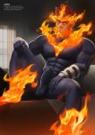  1boy appas bara beard blue_eyes bodysuit boku_no_hero_academia chest covered_abs covered_nipples erection erection_under_clothes facial_hair fire full_body highres male_focus manly muscle mustache pectorals red_hair solo spiked_hair thighs todoroki_enji 